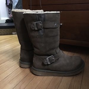 Taupe brown tall UGG with buckles
